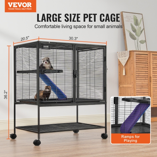 VEVOR 36" Rolling Metal Ferret Cage, Large 2-Tier Critter Nation Cage, Small Animal Cage with Ramps & Tray, Easy to Set up for Pet Rats, Hamster,