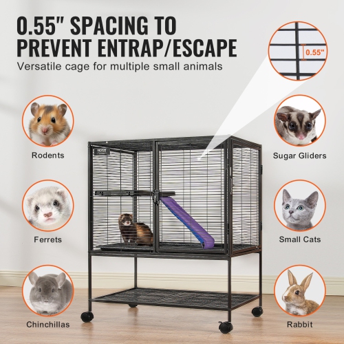 VEVOR 36" Rolling Metal Ferret Cage, Large 2-Tier Critter Nation Cage, Small Animal Cage with Ramps & Tray, Easy to Set up for Pet Rats, Hamster,