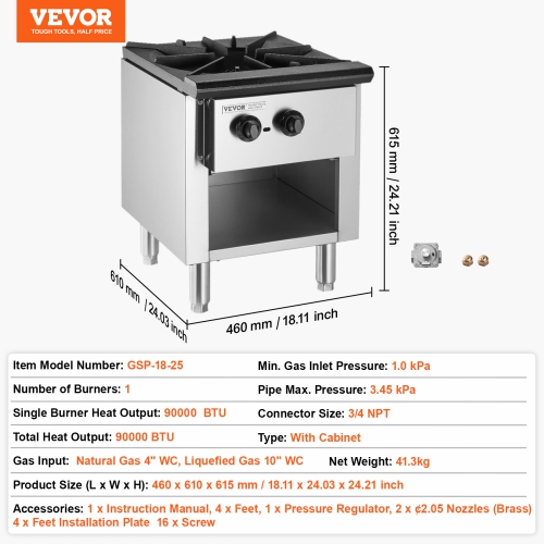 VEVOR 90,000 BTU Commercial Gas Stove with Cabinet,Propane and Natural Gas Countertop Cooking Stove Range, Stainless Steel Gas Hot Plate,Commercial