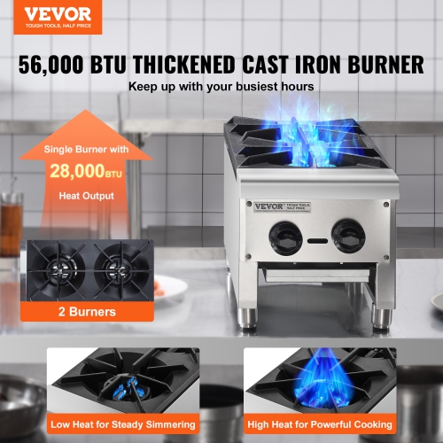 Réchaud à gaz commercial VEVOR à 2 brûleurs, cuisinière au gaz propane et au gaz naturel, plaque chauffante au gaz en acier inoxydable, équipement de