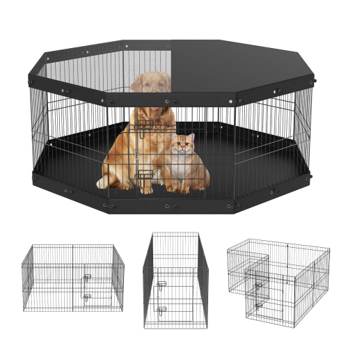 VEVOR 8 Panels Dog Playpen, Foldable Metal Dog Exercise Pen with Top Cover and Bottom Pad, 24" H Pet Fence Puppy Crate Kennel, Indoor Outdoor Dog Pen