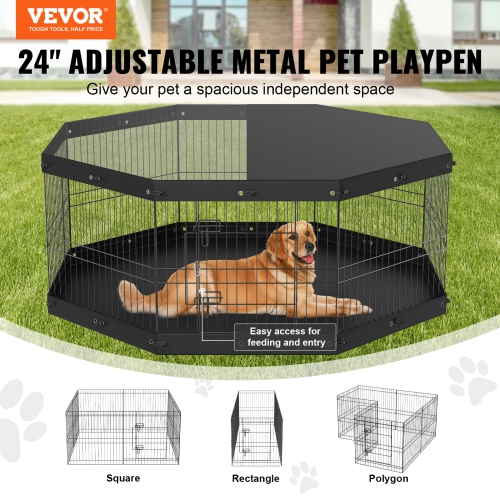 VEVOR 8 Panels Dog Playpen, Foldable Metal Dog Exercise Pen with Top Cover and Bottom Pad, 24" H Pet Fence Puppy Crate Kennel, Indoor Outdoor Dog Pen
