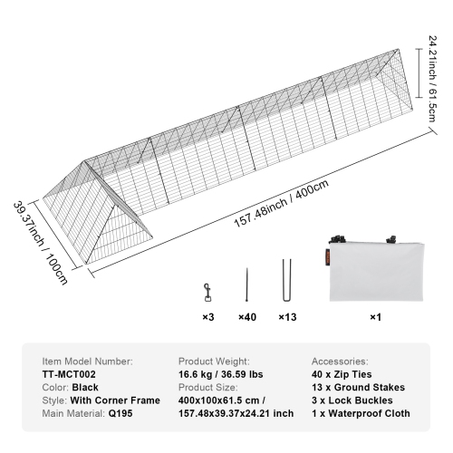 VEVOR 157.5 x 39.4 x 24.2 inch(LxWxH) Chicken Tunnels, Chicken Tunnels for Yard, Portable Chicken Tunnels for Outside with Corner Frames, Chicken