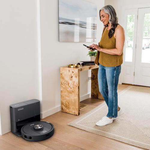 Remis à neuf - Aspirateur robot Shark, Ultra Matrix Clean UR2360EECA, base sans sac à vidage automatique, cartographie précise LiDAR, rouleau-brosse