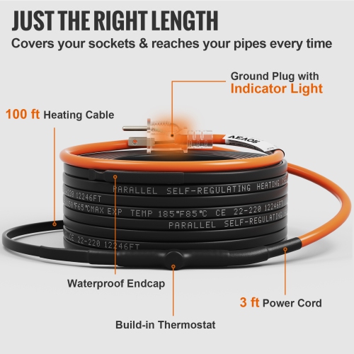 VEVOR 100-feet Self-Regulating Pipe Heating Cable, 5W/ft Heat Tape for Pipes Freeze Protection, Protects PVC Hose, Metal and Plastic Pipe from