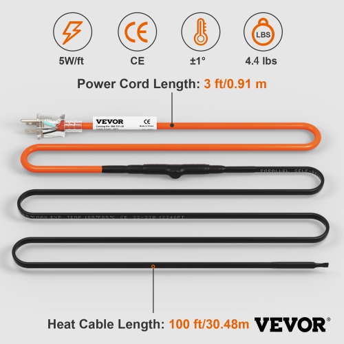 VEVOR 100-feet Self-Regulating Pipe Heating Cable, 5W/ft Heat Tape for Pipes Freeze Protection, Protects PVC Hose, Metal and Plastic Pipe from
