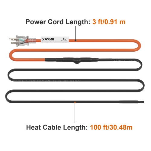 VEVOR 100-feet Self-Regulating Pipe Heating Cable, 5W/ft Heat Tape for Pipes Freeze Protection, Protects PVC Hose, Metal and Plastic Pipe from
