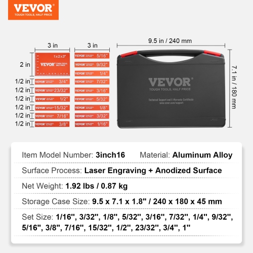 VEVOR 16-Piece Setup Blocks Woodworking Tools, Precision Height Gauge Block Set, with Clearly Laser Engraved Size Markings and Storage Case, Aluminum