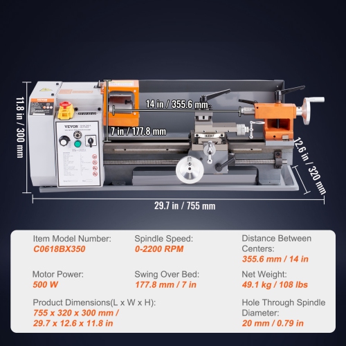 VEVOR 7'' x 13.78'' Metal Lathe Machine,Precision Benchtop Power Metal Lathe,0-2200 RPM Continuously Variable Speed,500W Brush Motor Metal Gears,with