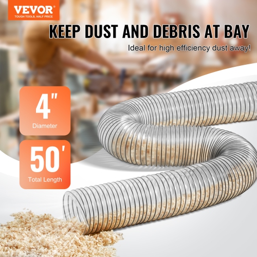 VEVOR 4'' x 50' Dust Collection Hose, Thickened PVC Material Puncture-Resistant Flexible Clear Hose with Carbon Steel Wire Coil 4 x 304 Stainless