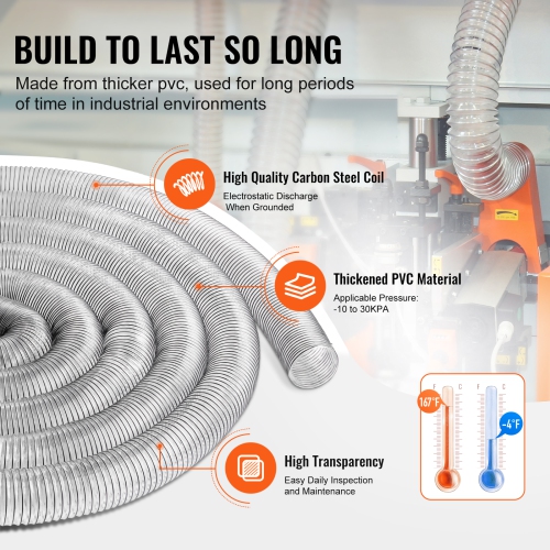 VEVOR 4'' x 50' Dust Collection Hose, Thickened PVC Material Puncture-Resistant Flexible Clear Hose with Carbon Steel Wire Coil 4 x 304 Stainless
