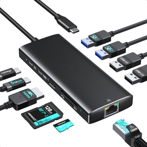 NIERBO  10 In 1 USB C Multiport Adapter w 4K HDMI, USB C Data Port, 2 USB 3.0 Port, 100W Pd, Gigabit Ethernet, 2 USB 2.0 Port, Sd/tf Card Reader For