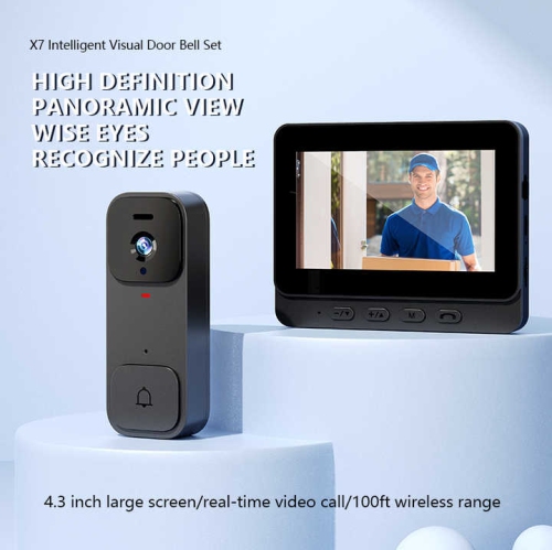 X7 Smart Video Doorbell 4.3-inch Screen Cat's Eye Design Two-way Intercom Voice Security Doorbell Camera WiFi Photo Function Black