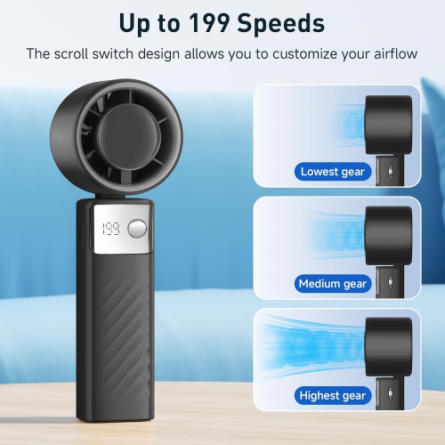 Portable handheld turbo fan, 1-199 wind speed adjustment, LED display,JF132 ice compress elegant black [ultra-high speed 199 gears + digital display