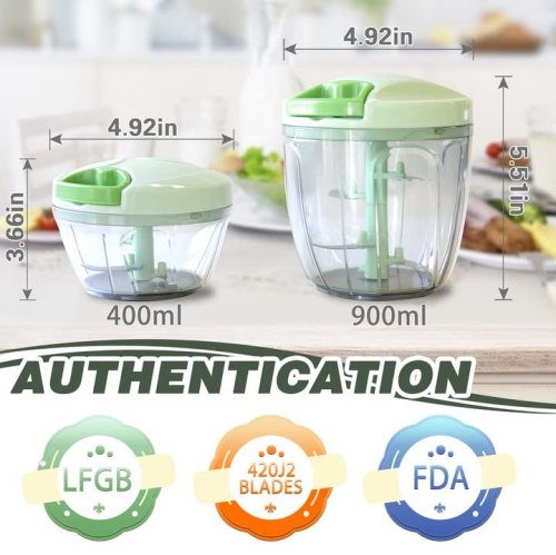 2 Pack Manual Food Chopper Manual Hand Chopper Portable Manual Vegetable Chopper Manual Food Processor（400ML+900ML）