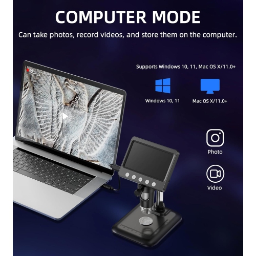 Microscope numérique LED, grand écran IPS 4,3 po, grand angle 50x-1000x, 8 lumières lumineuses, microscope numérique rechargeable