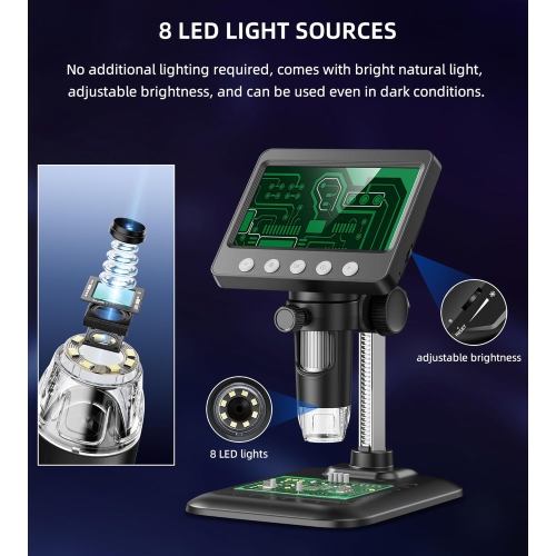 Microscope numérique LED, grand écran IPS 4,3 po, grand angle 50x-1000x, 8 lumières lumineuses, microscope numérique rechargeable
