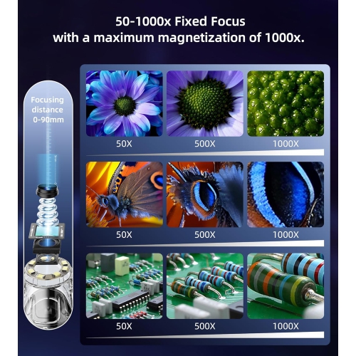 Microscope numérique LED, grand écran IPS 4,3 po, grand angle 50x-1000x, 8 lumières lumineuses, microscope numérique rechargeable