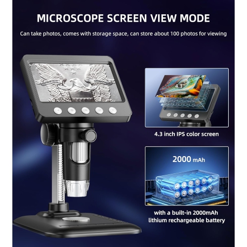 Microscope numérique LED, grand écran IPS 4,3 po, grand angle 50x-1000x, 8 lumières lumineuses, microscope numérique rechargeable