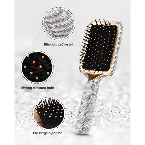 Brosse démêlante pour cheveux bouclés, brosse plate avec brosse à cheveux en pierres du Rhin de luxe adaptée à tous les types de cheveux, brosse à