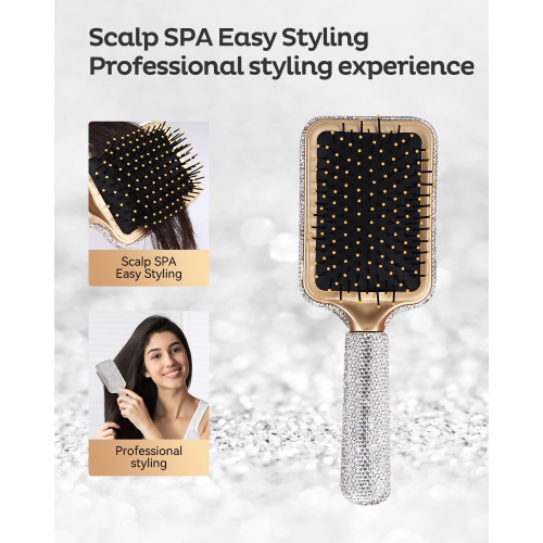 Brosse démêlante pour cheveux bouclés, brosse plate avec brosse à cheveux en pierres du Rhin de luxe adaptée à tous les types de cheveux, brosse à