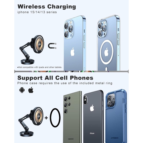 Magnetic Wireless Car Charger, 15W Fast Charging Mag-Safe Car Mount, 360° Magnetic Car Phone Holder - with Infinite Charging
