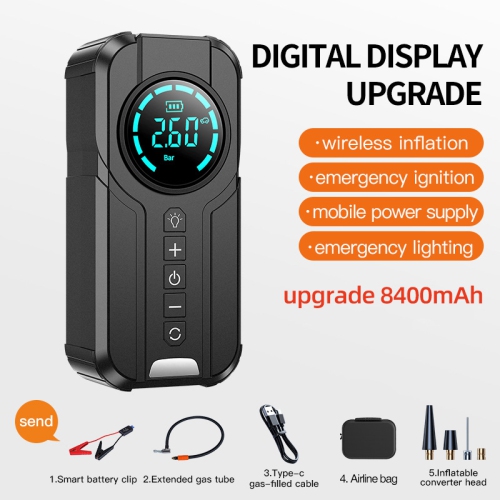 Car emergency starting power supply, air pump and integrated battery charger, multi-function portable battery charger and ignition starter - 8000 mAh