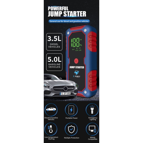 Multifunctional battery booster, car emergency starter, car emergency starter power supply, portable car starter battery booster - blue ordinary clip