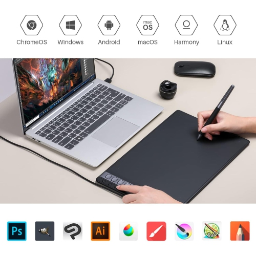 Tablette à dessin Inspiroy 2&nbsp;L de 10 x 6&nbsp;po avec molette de défilement, 8 touches personnalisées et stylet sans pile – compatible avec Mac,