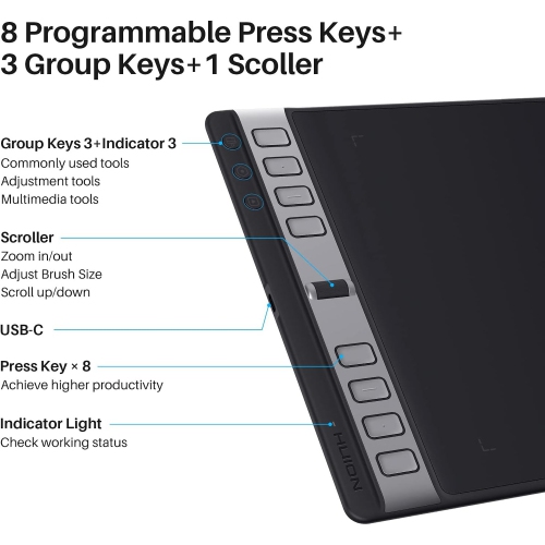 Tablette à dessin Inspiroy 2&nbsp;L de 10 x 6&nbsp;po avec molette de défilement, 8 touches personnalisées et stylet sans pile – compatible avec Mac,