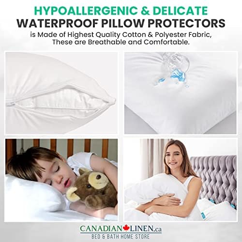 Canadian Linen Waterproof Pillow Protector Zippered Encasement, 20"x30" Queen, 4 Pack, Soft Absorbent Breathable Bed Bug Proof Pillow Bedcover Hotels