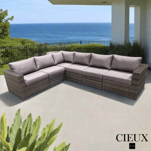 CIEUX  Valence Outdoor Patio Wicker L-Shaped Sectional Sofa In With Sunbrella Canvas Taupe Cushions In Brown