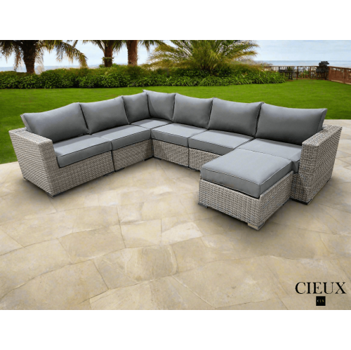 CIEUX  Riviera Outdoor Patio Wicker L-Shaped Sectional Sofa And Ottoman Set In With Sunbrella Canvas Charcoal Cushions In Grey