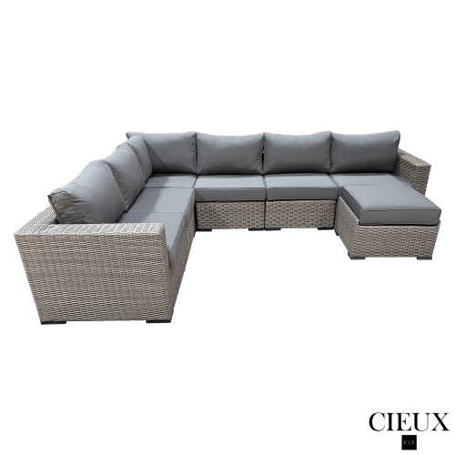 CIEUX Riviera Outdoor Patio Wicker L-Shaped Sectional Sofa and Ottoman Set in Grey with Sunbrella Canvas Charcoal Cushions
