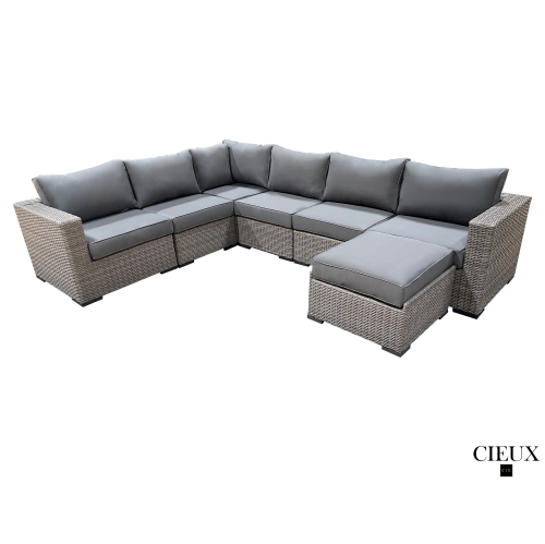 CIEUX Riviera Outdoor Patio Wicker L-Shaped Sectional Sofa and Ottoman Set in Grey with Sunbrella Canvas Charcoal Cushions