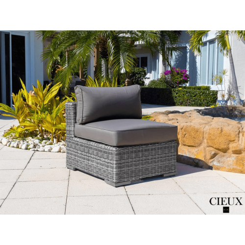 CIEUX Riviera Outdoor Patio Wicker L-Shaped Sectional Sofa and Ottoman Set in Grey with Sunbrella Canvas Charcoal Cushions