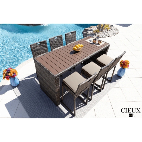 CIEUX  Valence Outdoor Patio Wicker Bar Table And 6 Chairs Set In With Sunbrella Canvas Taupe Cushions In Brown