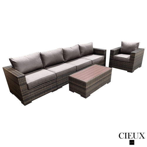 CIEUX Valence Outdoor Patio Wicker Large Sofa, Club Chair and Coffee Table Set in Brown with Sunbrella Canvas Taupe Cushions