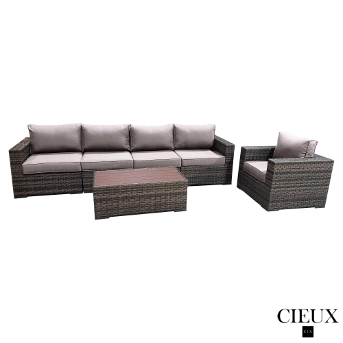 CIEUX Valence Outdoor Patio Wicker Large Sofa, Club Chair and Coffee Table Set in Brown with Sunbrella Canvas Taupe Cushions