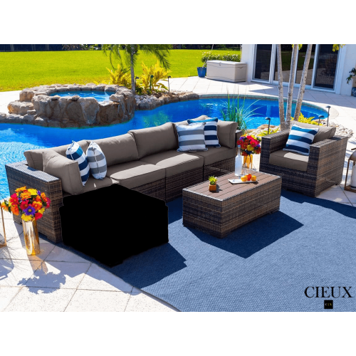 CIEUX Valence Outdoor Patio Wicker Large Sofa, Club Chair and Coffee Table Set in Brown with Sunbrella Canvas Taupe Cushions