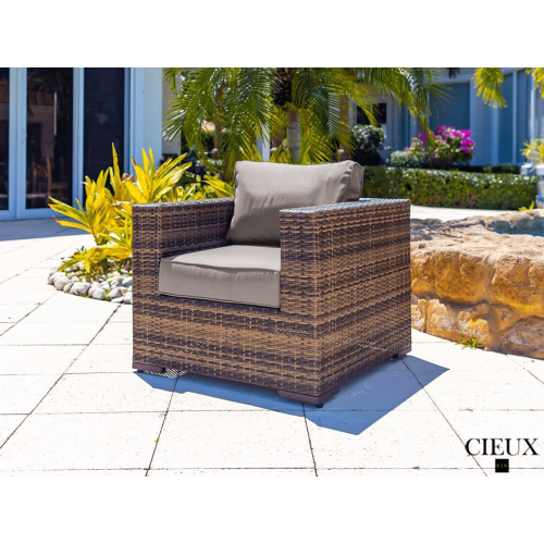 CIEUX Valence Outdoor Patio Wicker Large Sofa, Club Chair and Coffee Table Set in Brown with Sunbrella Canvas Taupe Cushions