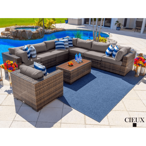 CIEUX  Valence Outdoor Patio Wicker Large Corner Sectional Sofa, Club Chair And Coffee Table Set In With Sunbrella Canvas Taupe Cushions In Brown