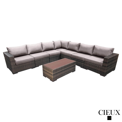 CIEUX Valence Outdoor Patio Wicker Large Corner Sectional Sofa and Coffee Table Set in Brown with Sunbrella Canvas Taupe Cushions