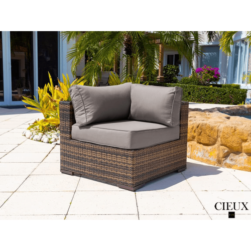 CIEUX Valence Outdoor Patio Wicker Large Corner Sectional Sofa and Coffee Table Set in Brown with Sunbrella Canvas Taupe Cushions
