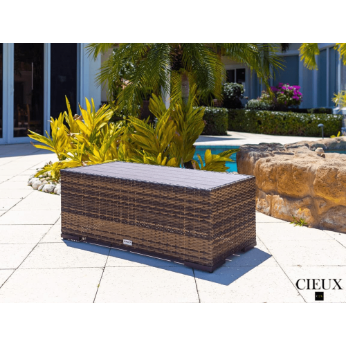 CIEUX Valence Outdoor Patio Wicker Large Corner Sectional Sofa and Coffee Table Set in Brown with Sunbrella Canvas Taupe Cushions