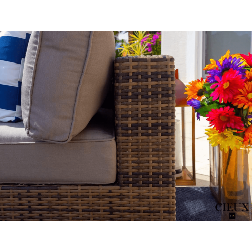 CIEUX Valence Outdoor Patio Wicker Large Corner Sectional Sofa and Coffee Table Set in Brown with Sunbrella Canvas Taupe Cushions