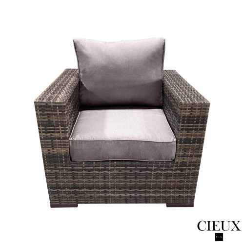 CIEUX Valence Outdoor Patio Wicker Club Chair in Brown with Sunbrella Canvas Taupe Cushions