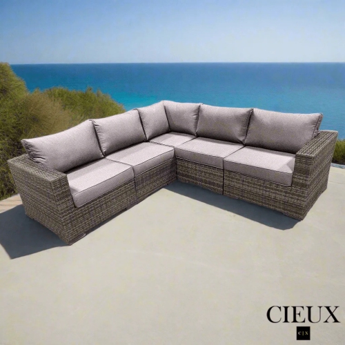 CIEUX  Valence Outdoor Patio Wicker Corner Sectional Sofa In With Sunbrella Canvas Taupe Cushions In Brown