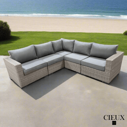 CIEUX  Riviera Outdoor Patio Wicker Corner Sectional Sofa In With Sunbrella Canvas Charcoal Cushions In Grey