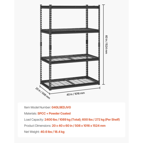 VEVOR 20"D x 40"W x 60"H Storage Shelves, 2400 lbs, 4 Tier Heavy Duty Garage Shelving, Adjustable Metal Shelves for Industrial Shelving Unit Utility